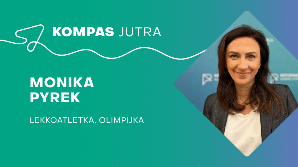 Zdjęcie Moniki Pytrek na planszy z logo Kompas Jutra wraz z podpisem "lekkoatletka, olimpijka".