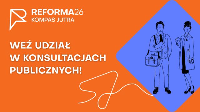 Pomarańczowe tło, graficznie przedstawieni bohaterowie - nauczyciele i napis zachęcający do udziału w konsultacjach.