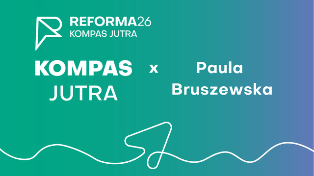Grafika utrzymana w zielonej kolorystyce. Po lewej stronie tekst W kolorze białym Kompas Jutra a obok niego Paula Bruszewska